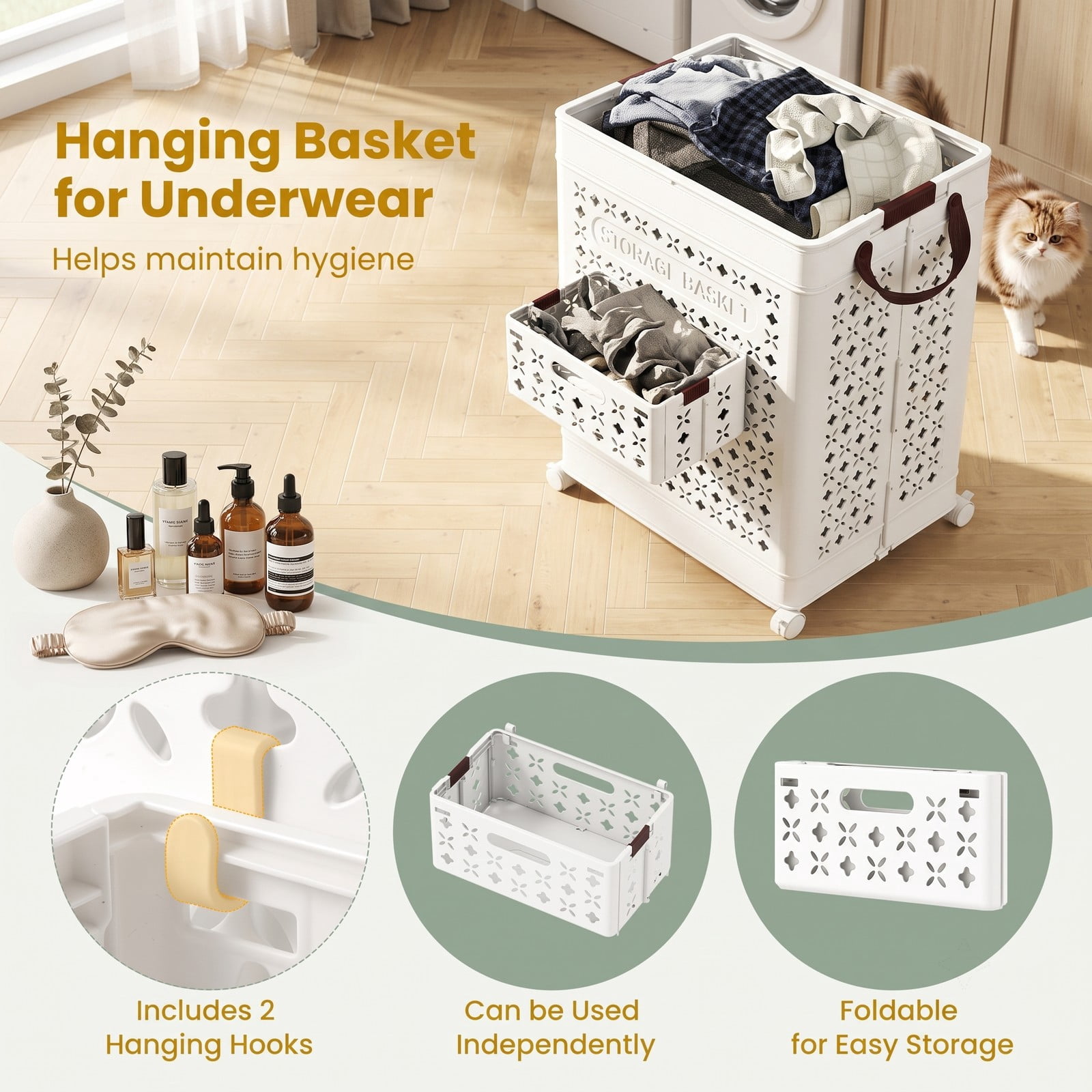 Fenbeli Collapsible Laundry Basket 20 Gallon, Plastic Foldable Laundry Hamper with Wheels, Handles and Hanging Basket, Waterproof PP Clothes Storage Bin Sorter, White
