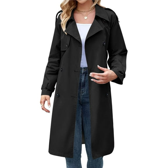 Women's Double Breasted Long Trench Coat Windproof Classic Lapel Slim Overcoat with Belt Black L