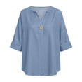 thumbnail image 6 of Amzcrzy Spring Tops for Women Versatile Casual Solid Color Linen Shirts for Women Loose Rolled 3/4 Length Sleeve Womens Tops Fashion V Neck Button Down Ladies Blouses M, 6 of 7