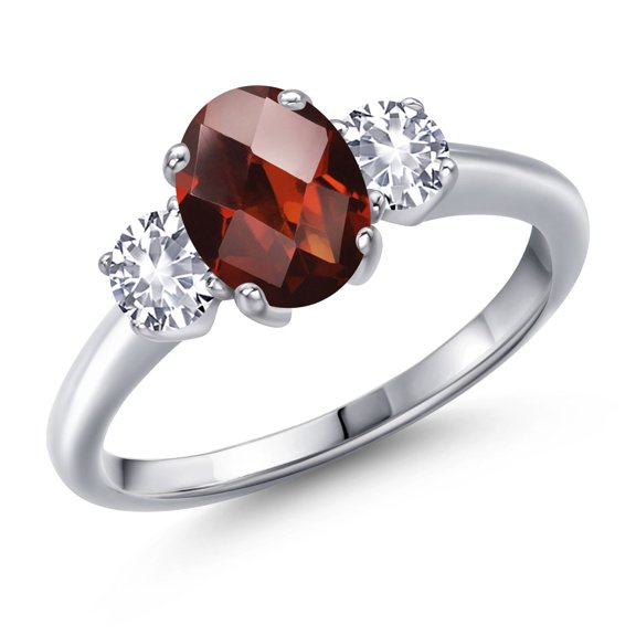 Gem Stone King 2.03 Ct Oval Checkerboard Red Garnet White Created Sapphire 925 Sterling Silver Ring
