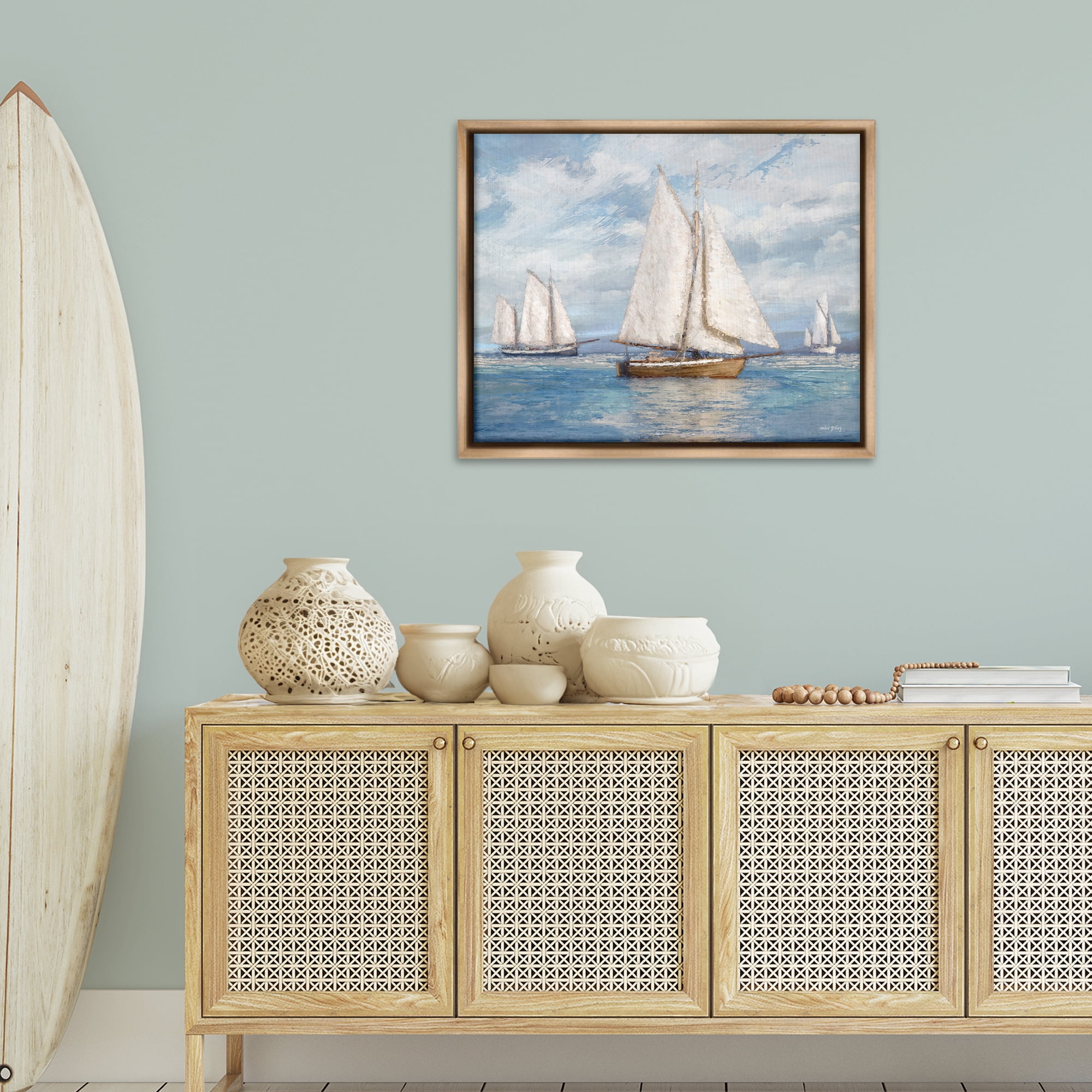 Stupell Industries Sailboat Trio Impression Nautical & Beach Painting Brown Floater Framed Canvas Art Print Wall Art, 31 x 25