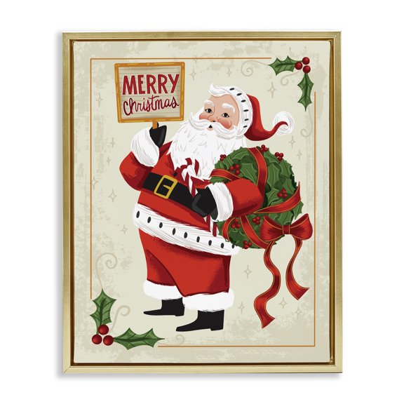 Stupell Industries Traditional Vintage Merry Christmas Santa Gold Floating Frame Canvas Art, 17 x 21, by Arrolynn Weiderhold