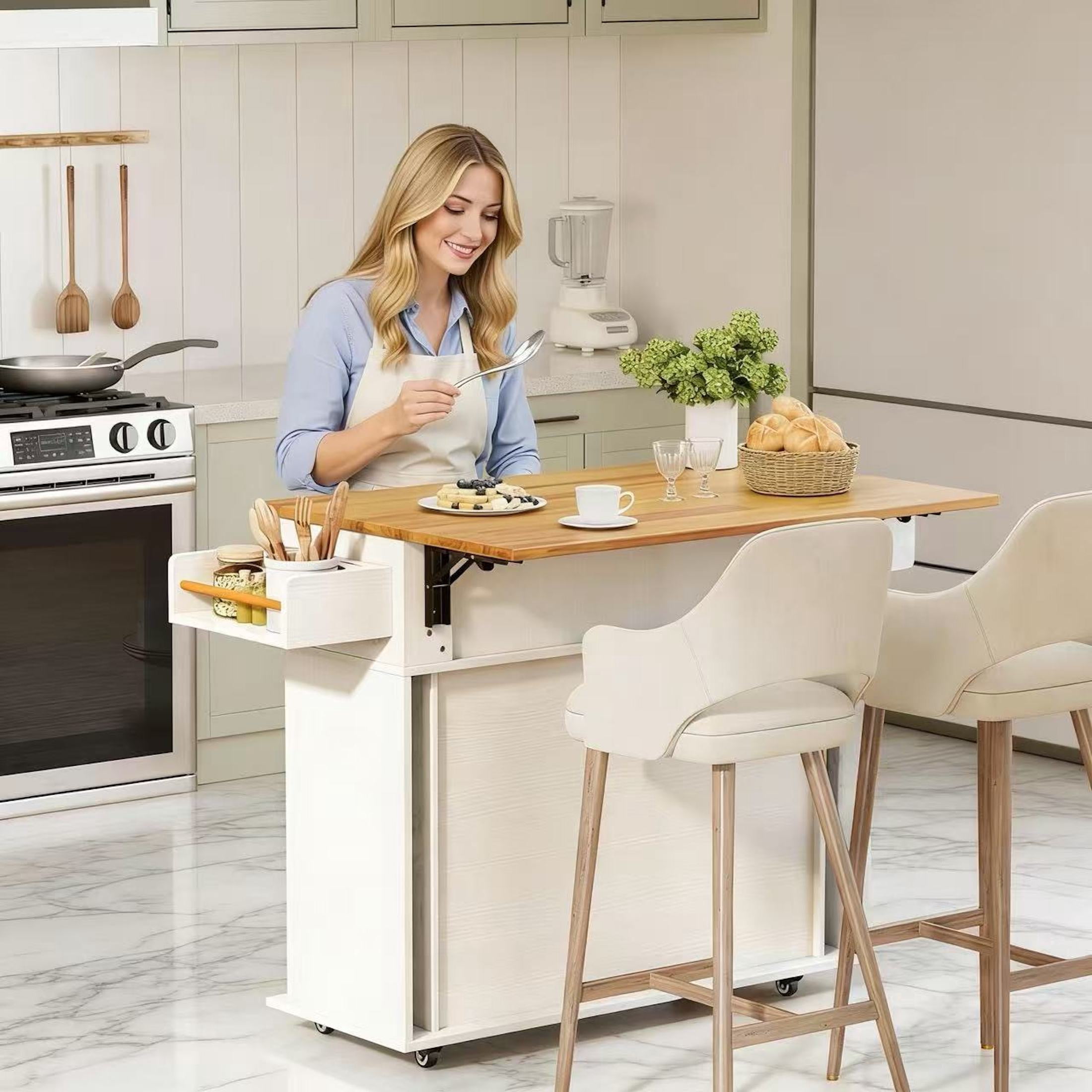 AISWORD Rolling Kitchen Island with Drop Leaf, Sliding Door, Drawers & Spice Rack, White