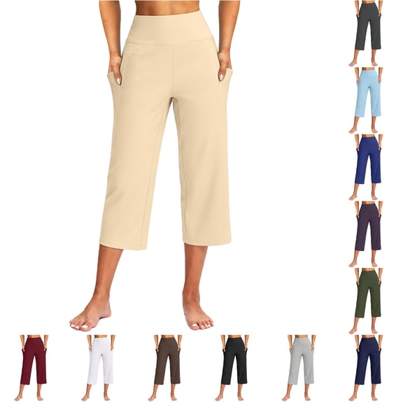CUZIBR Women'S Capri Yoga Pants With Pocket High Waist Wide Leg Baggy Workout Stretch Pants Trendy Gym Running Everyday Activewear Comfort Dates Bottoms,Beige,L