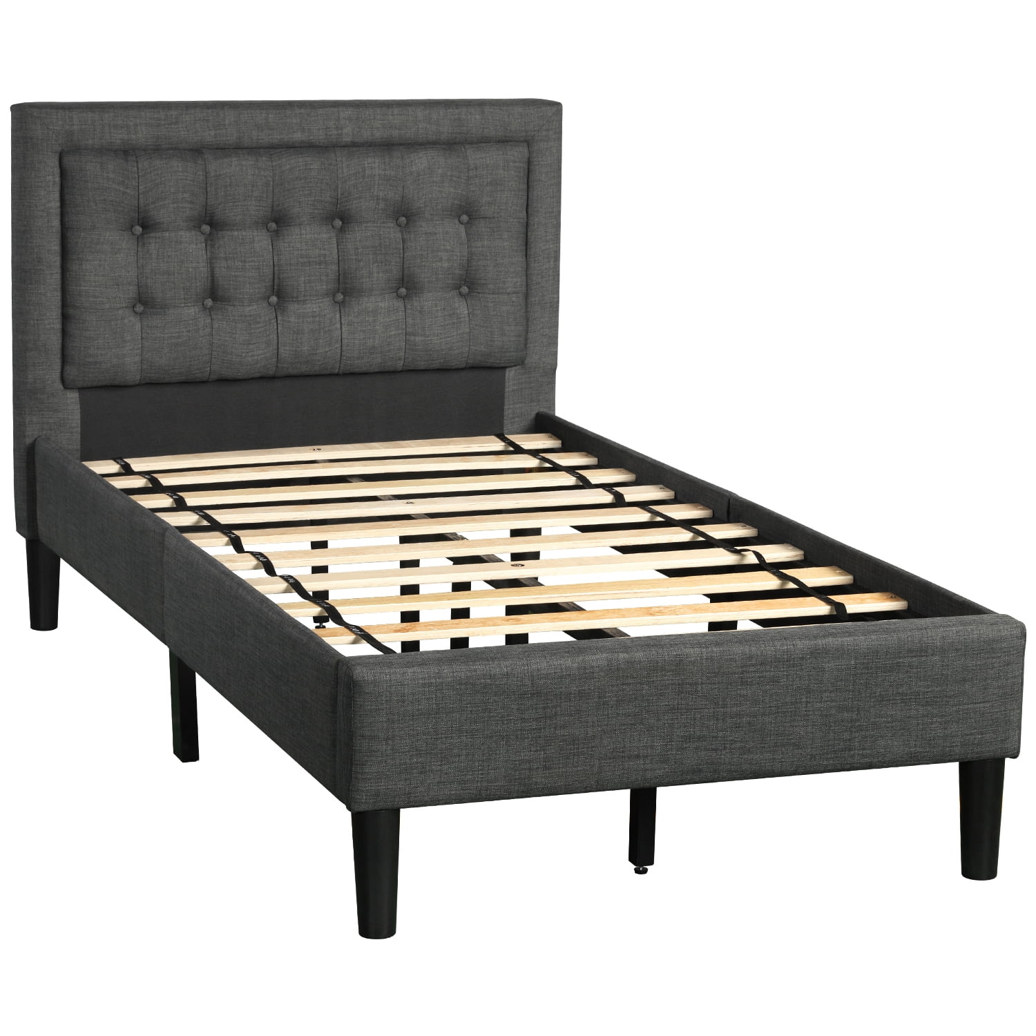 Button Tufted Platform Bed, Twin Size Bed Frame with Headboard, Gray