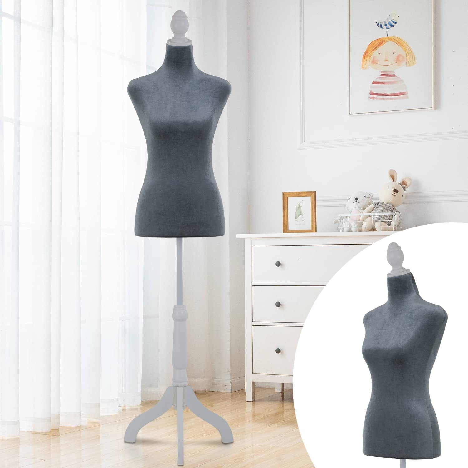 Dkelincs Female Mannequin Torso with Wooden Tripod Stand Adjustable Dress Form for Dress Jewelry Display, Grey