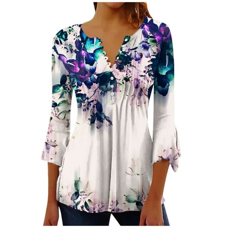 

Summer Savings Clearance Shirts ! Wenini Tunic Tops for Women Casual 3/4 Sleeve Flower Printed Buttoned Shirt Basic Ruched Corset Comfy Pleated T-Shirts Blouses White XXL