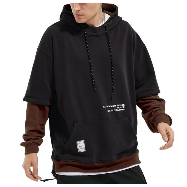 VBARHMQRT Oversized Hoodie Men's Hooded Pullover Sweatshirt Spring and Autumn Casual Virtual 2 Piece Sweatshirt Jacket Men