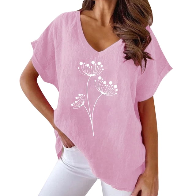 TSADFHJI Hauts d'Été pour Femmes Boho T-Shirt Décontracté à Manches Courtes Imprimé Floral Col en V TTTG Rouge