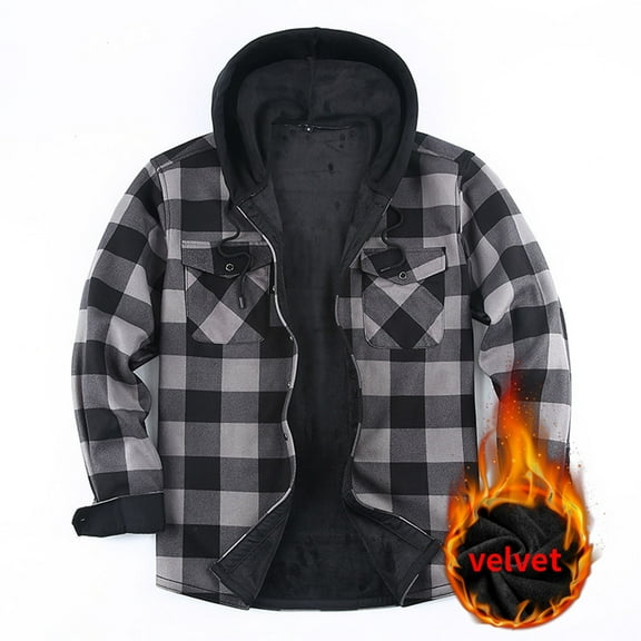 Xuniizn Flannel Hoodies for Men, Plaid Fleece Lined Button Down Long Sleeve Shirt Jackets, Lightweight Warm Casual Drawstring Hoodies with Pockets