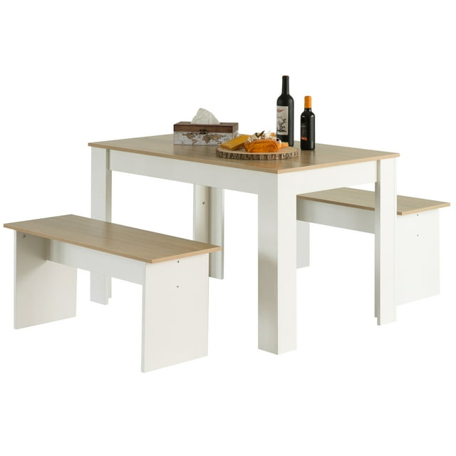 White Modern Wooden Dining Table with Two Benches, Three Piece Set, Writing Desk