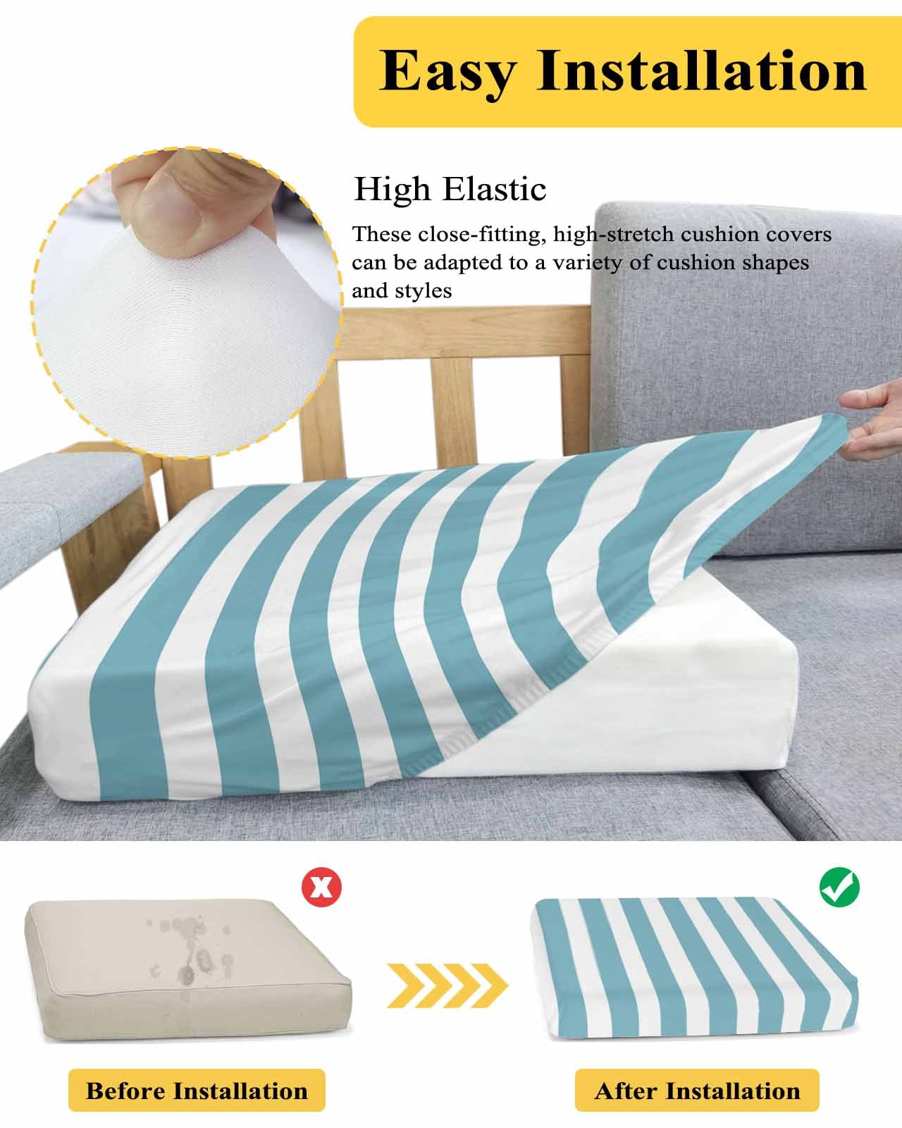 Aqua Striped Couch Cushion Covers,Stretch Seat Cushion Covers for Sectional Sofa,Modern Farmhouse Blue White Stripes Individual Sofa&nbsp;Slipcovers Furniture Protector with Elastic&Straps 1Pcs,S