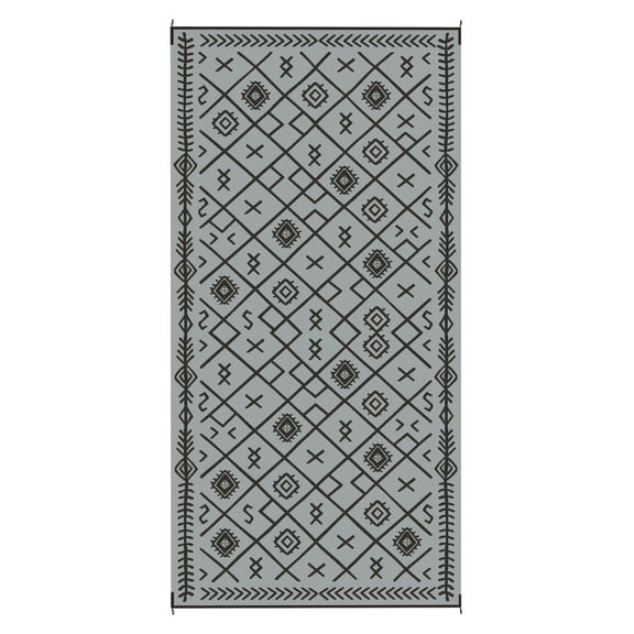 Outdoor Rug 9x18 Reversible Waterproof - Camping, Patio, RV - Black & Gray Rhombus