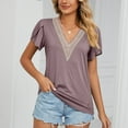 thumbnail image 6 of JWZUY Womens Crochet Lace V Neck Tops Solid Tunic Petal Sleeve Tees Shirts Blouse Short Sleeve Chiffon Elegant Tshirt Summer 2023 Pink S, 6 of 8