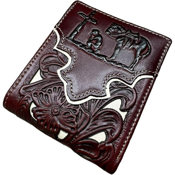 Western Stakes Mens Floral Cowboy Praying At Cross Embossed Cowboy Western Leather Wallet High End Cut Out Layered Leather Style Mens Wallets Leather Bull Rider Rodeo Gifts For Men (Maroon & White)