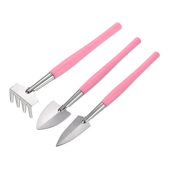 Uxcell Gardening Tools Iron Spade Rake Transplanting Digging Kits, Pink 3 Pack