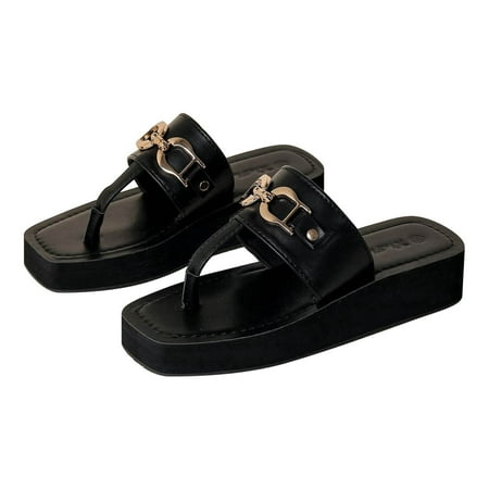 

Youmylove Women Slippers Fashion Outer Wear Metal Decorative Buckle Slope With Thick Bottom Shoes Clip Toe Temperament Square Head Sandals Summer Comfy Daily Simple Walking Footwears