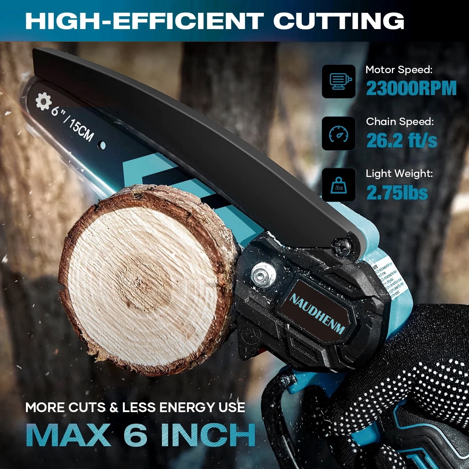 Naudhenm 6-Inch Battery Chainsaw, 12V Anti-Vibration