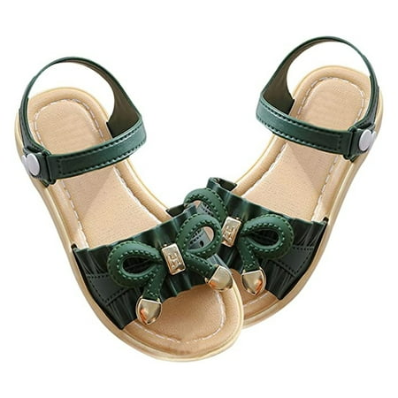 

Girls Summer Beach Flat Sandals Bowknot with Soft Sole Anti-Slip Shoes for Children Little Kids 27 Green