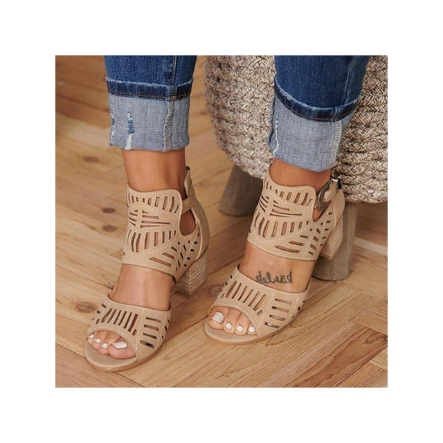 LUXUR Sandales Habillées pour Femmes à Talon Bloc Bas, Mode pour Dames, à Boucle, Kaki 10