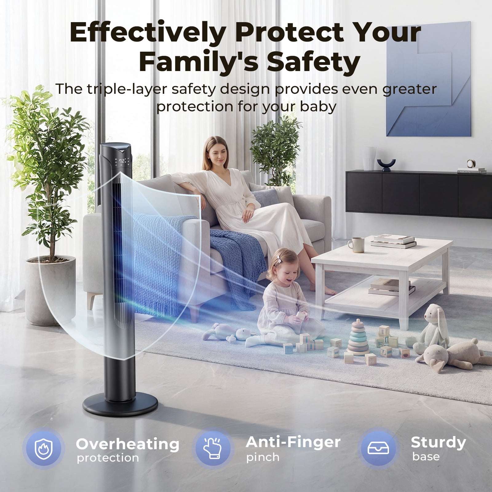41" Tower Fan, Wide Oscillating Fans with 3 Speeds, 3 Modes, 26 ft/s High Velocity, LED Display with Remote, 12H Timer, for Home,Living Room,Office