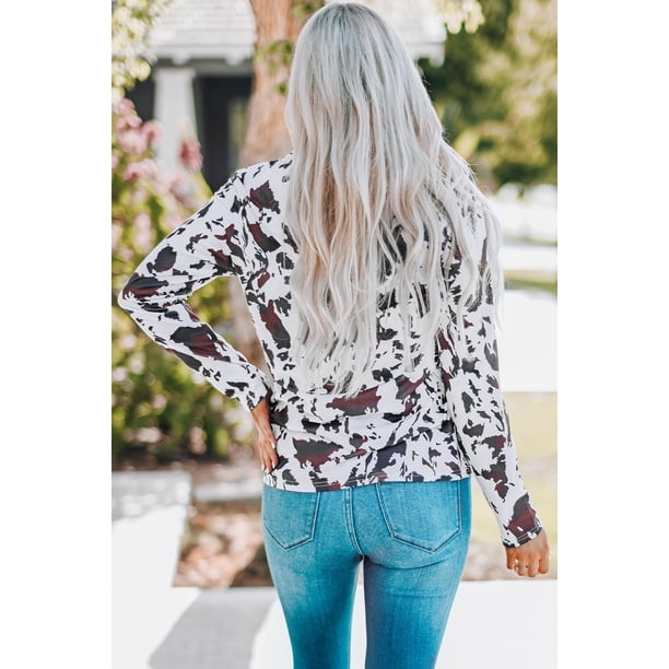 ABPHQTO Blusa de manga larga con cuello de ojo de cerradura de vaca para mujer