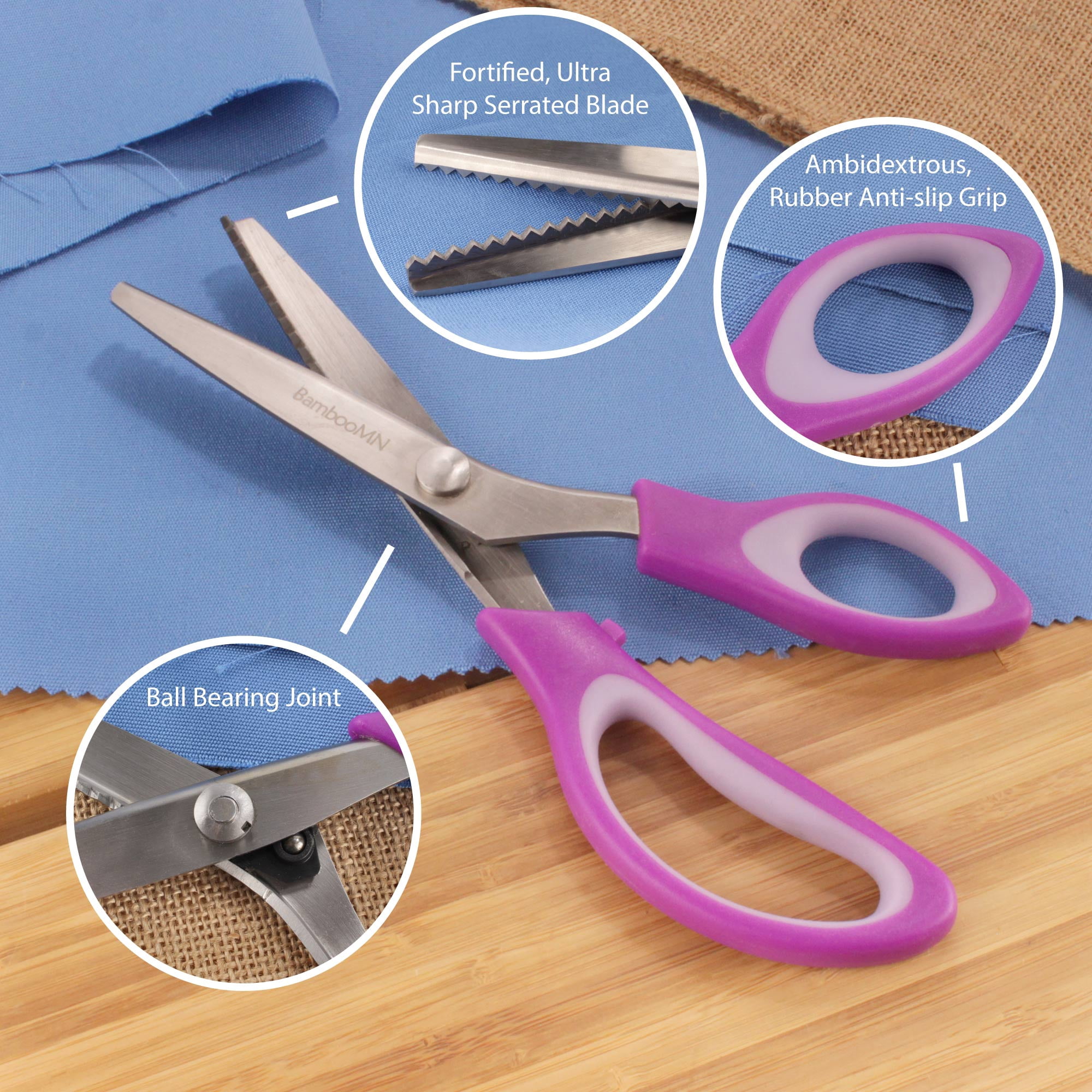 BambooMN Titanium Softgrip Scissors Set - Pinking, Sewing, Arts, Crafts, Office - 1 Set of 4 - Purple