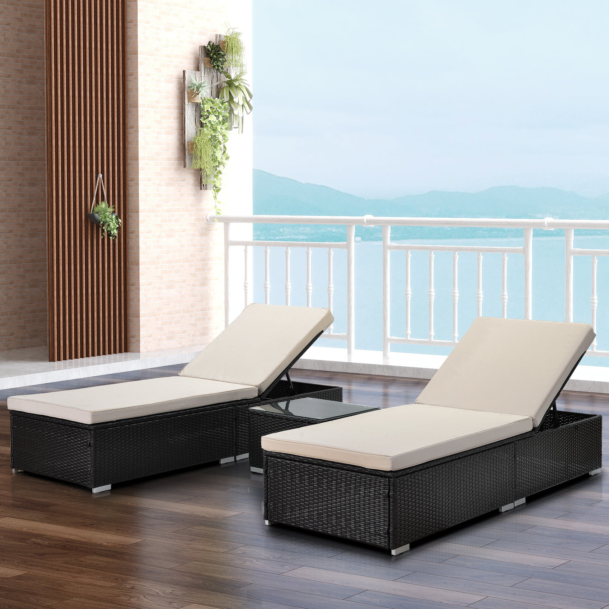 Sportaza Outdoor Garden 3 Piece Patio Lounge Set  Adjustable PE Rattan Reclining Chairs with Cushions and Side Table. - image 2 of 8