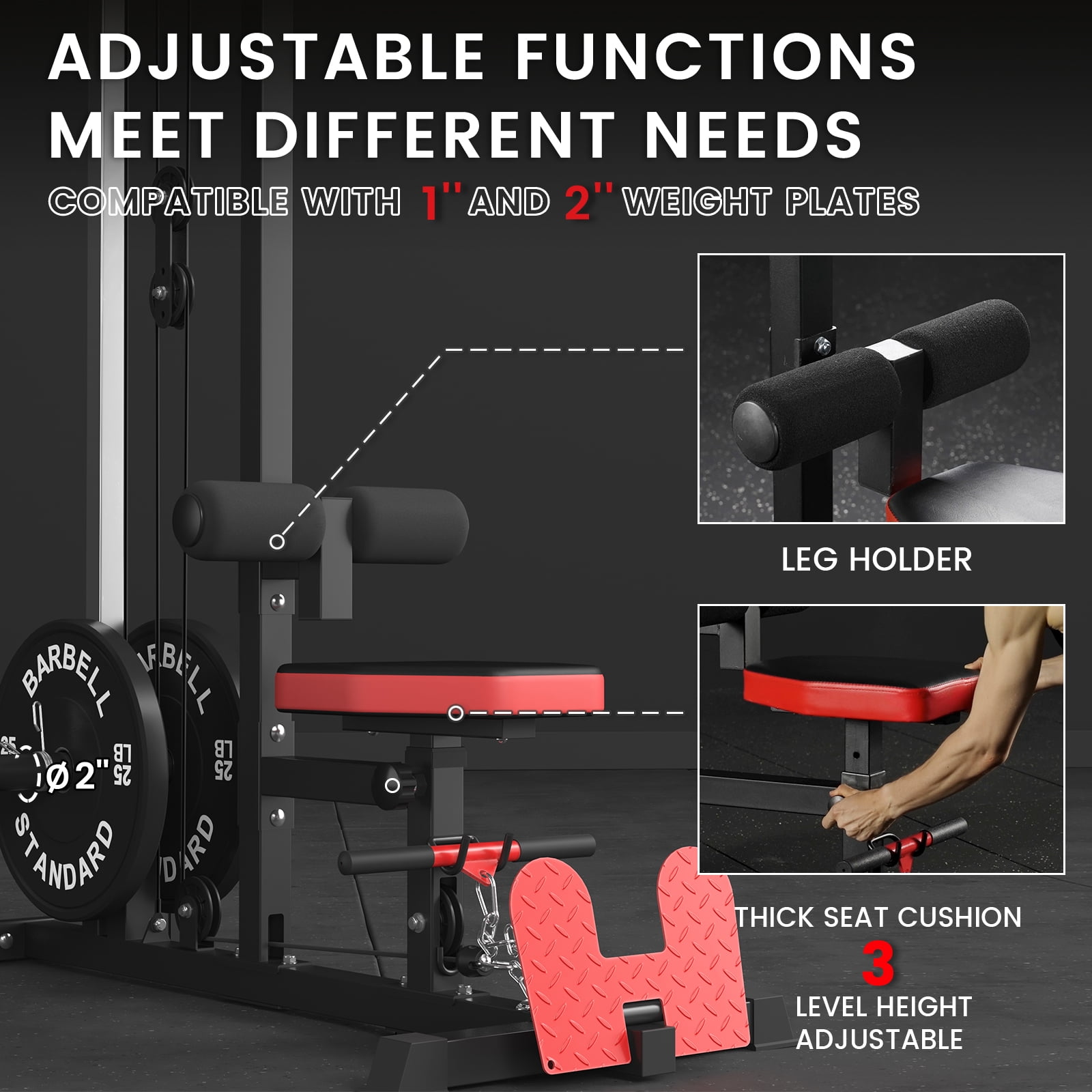Mikolo LAT Pull Down Machine Set, Multifunction Cable Workout Equipment with Flip-up Footplate and Plates Storage Posts
