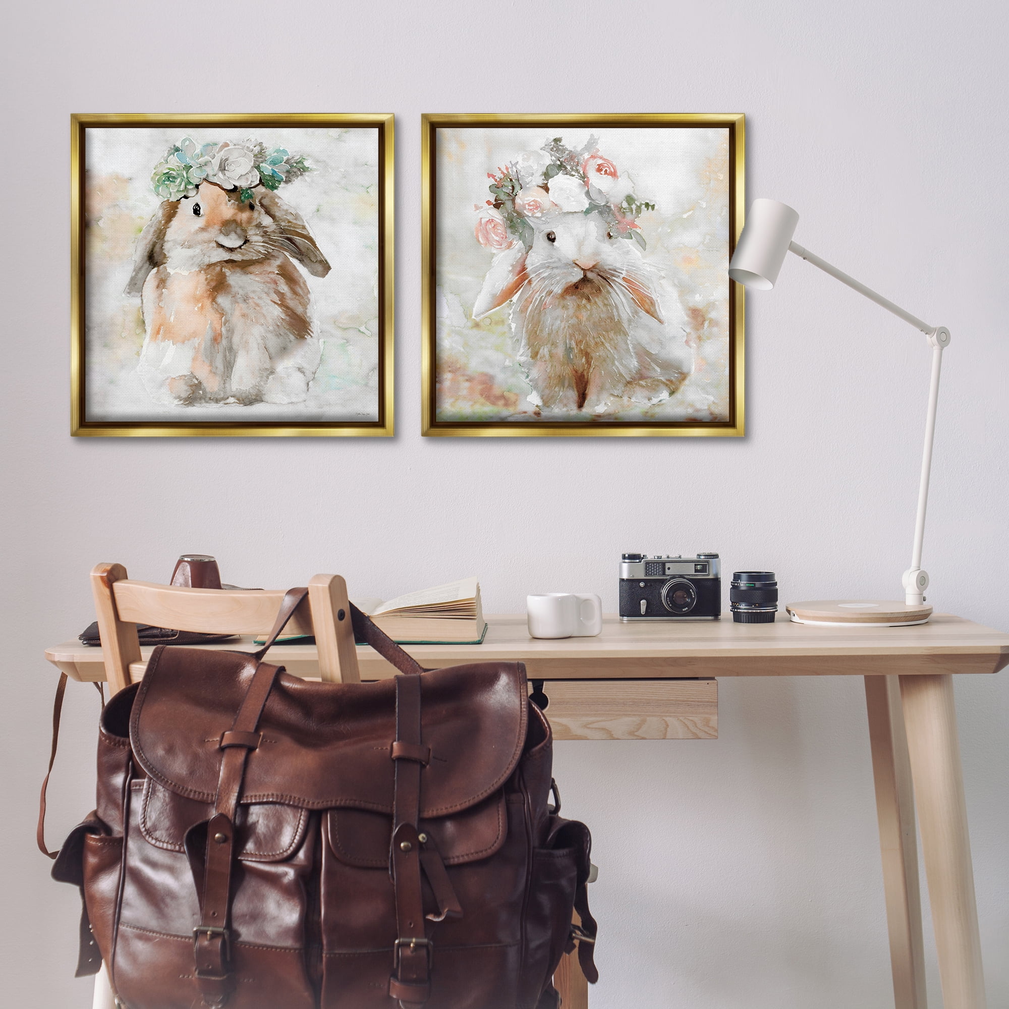 Stupell Industries Soft Spring Floral Bunnies Animals Painting Gold Floater Framed Canvas Art Print Wall Art, 25 x 25, Set of 2