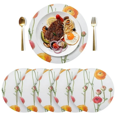 

Round Placemats Plate Mats 15 Inch Non-Slip Heat Resistant Washable PVC Set Table Decoration for Kitchen Dining Orange and Pink Ranunculus