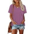 thumbnail image 3 of Womens V-Neck Shirts with Front Pocket Decoration Short Sleeve Solid Casual Loose Fit Trendy T-Shirt, 3 of 5