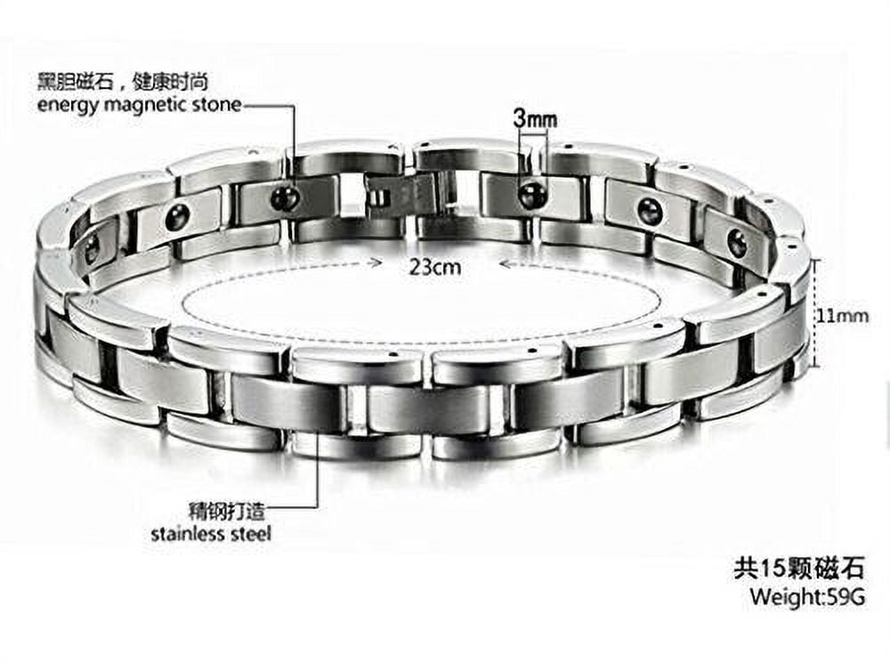 8.5" Mens Titanium Steel Brick Pattern Silver Magnetic Bracelet and Fancy Box.