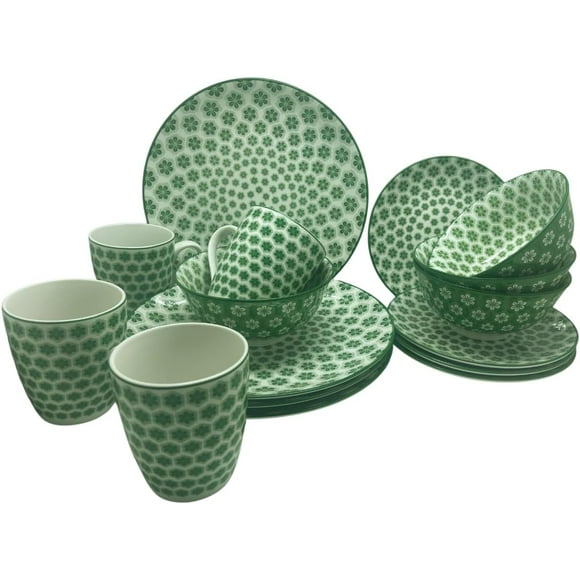Royal Haus By Apolo | Vajilla de Cerámica Elegante de 16 Piezas: Taza, Tazon, Plato Ensaladero Y Plato Trinche 3A105 Verde