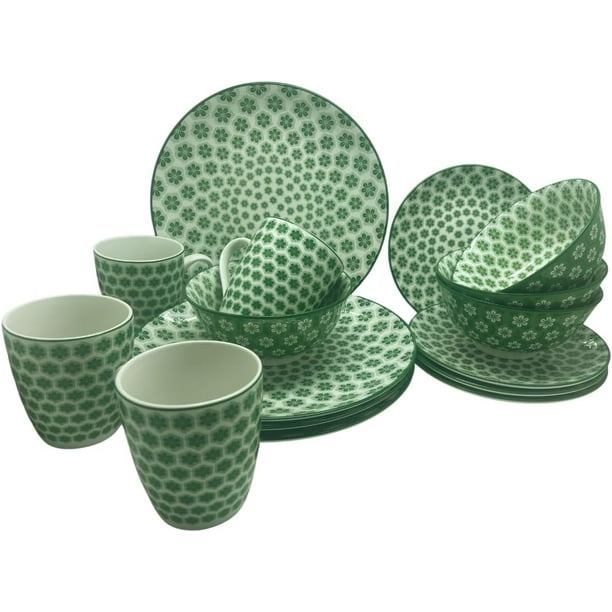 Royal Haus By Apolo | Vajilla de Cerámica Elegante de 16 Piezas: Taza, Tazon, Plato Ensaladero Y Plato Trinche 3A105 Verde