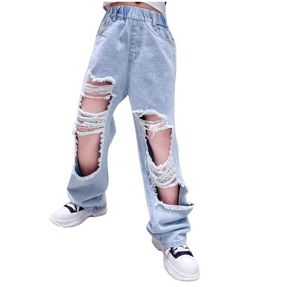 Yammkia Teen Girl Jeans Girl's Print Cargo Pants Flap Pocket Mid Waist Wide Leg Casual Jeans Size 10-11 (Navy,10-11 Years)