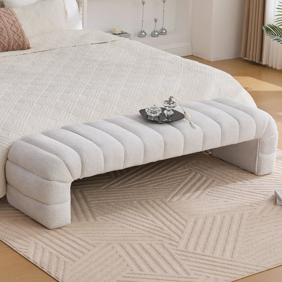 MDAQMD 66.7"Bedroom End Of Bed Bench Comfortable End Of Bed Ottoman Modern Chenille Extra Wide Entryway Daybed Chaise Living Room Entryway Bench Ivory