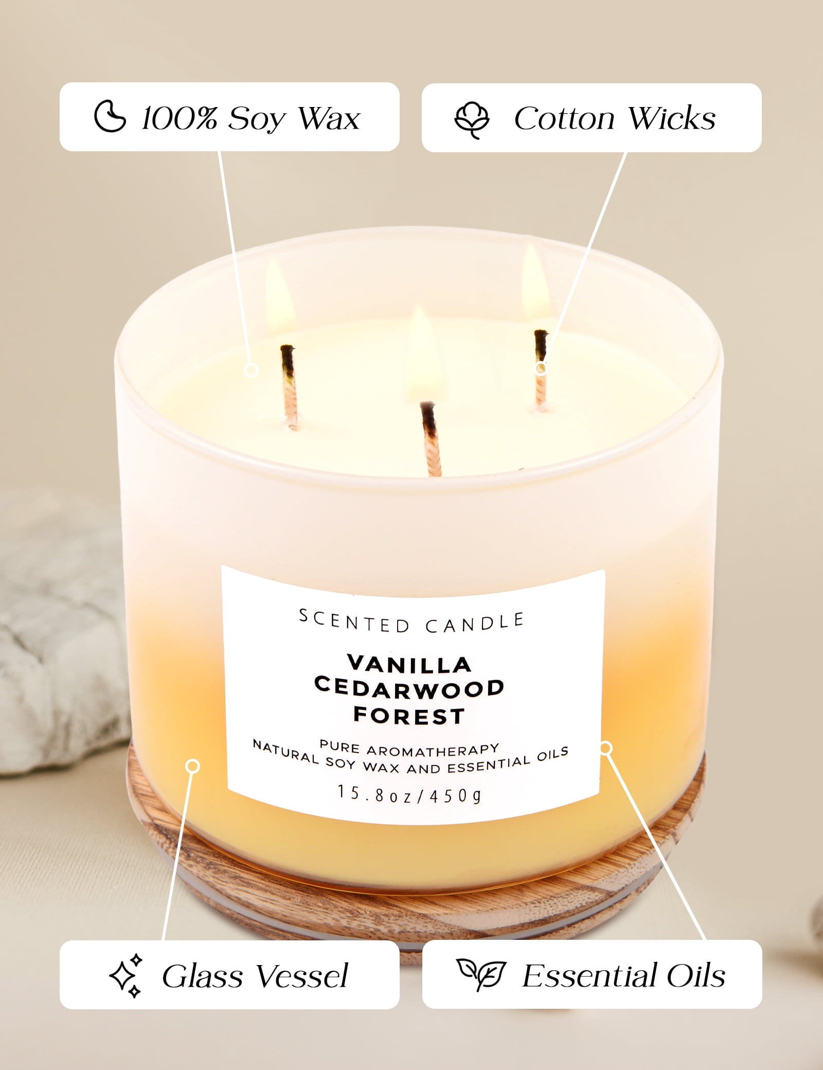 Vanilla Cedarwood Forest Scented Candle 3 Wick Aromatherapy Candle Long Lasting and Clean Burning Soy Candle for Men and Women Relaxing Candle for Home Scented