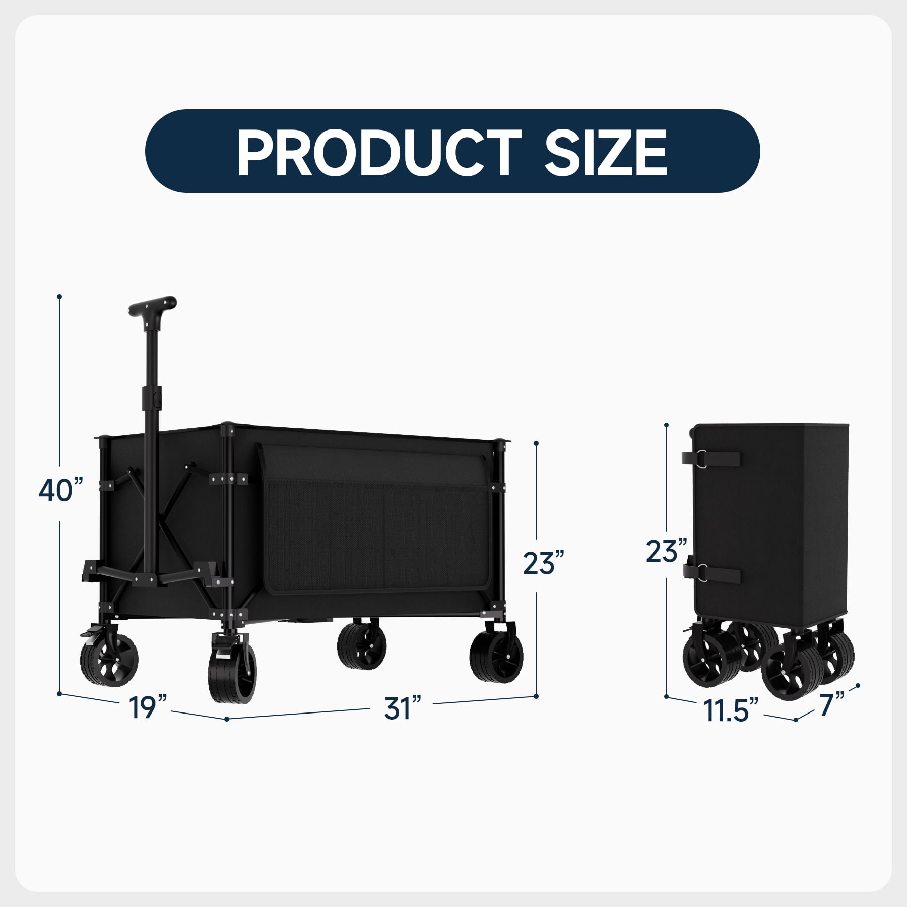 Favoyard Collapsible Wagon Cart, Portable Utility Wagon with All-Terrain Wheels and Brakes, for Camping, Grocery, Garden, 150L and 360lbs, Black