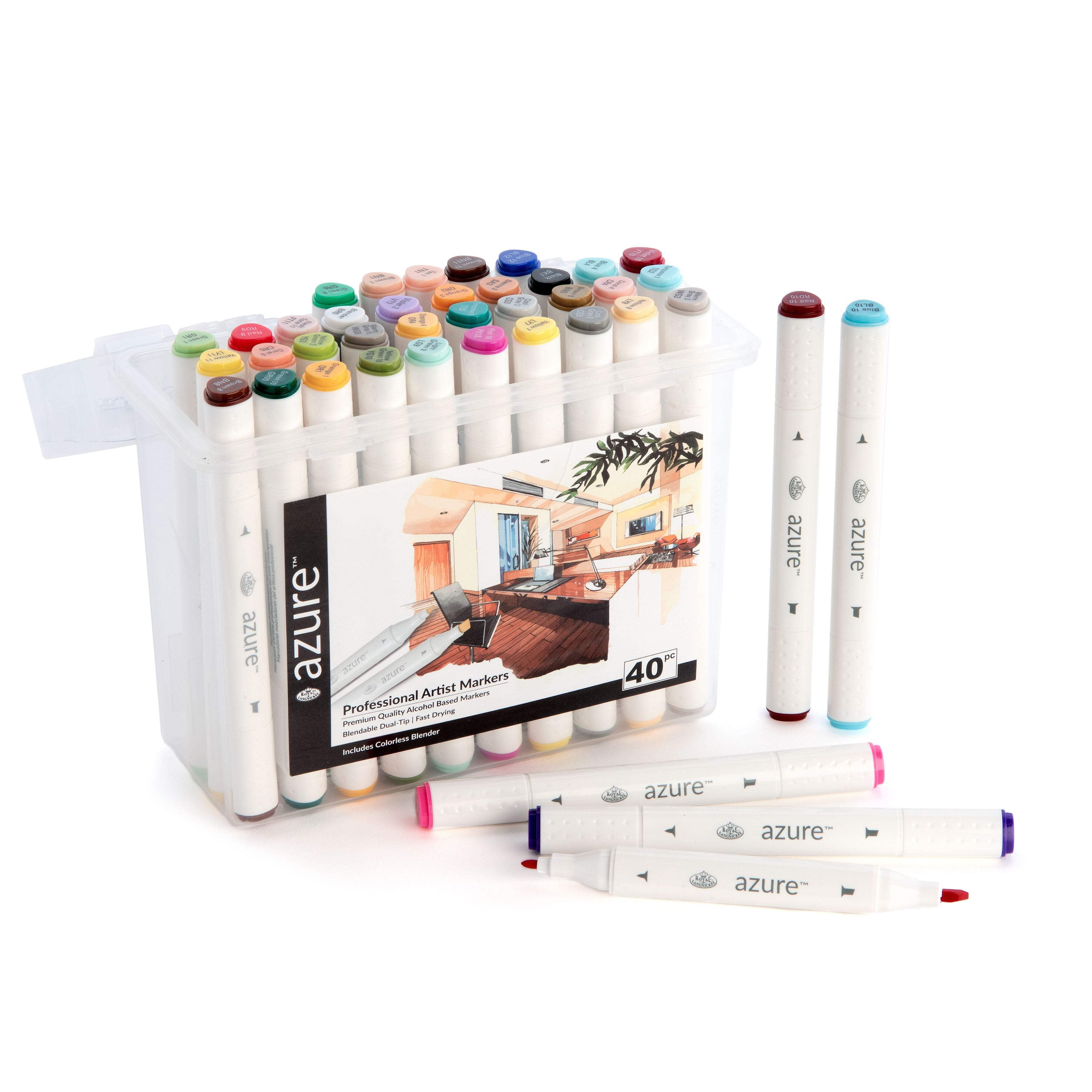Royal & Langnickel Azure Alcohol Markers, with Case,  Fine and Broad Chisel, Assorted Colors, 40 Count