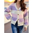thumbnail image 4 of Womens Striped Chunky Cardigan Sweaters Button Up Fall Trendy Color Block Long Sleeve Knit Sweater Coats Purple XL, 4 of 9