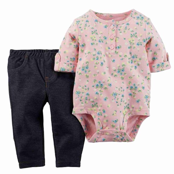 Carter's Carters Infant Girls Pink Floral Baby Outfit Bodysuit & Blue