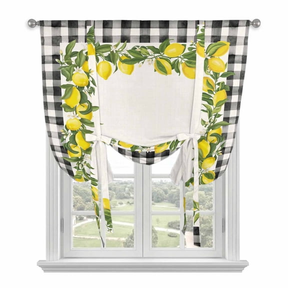 Summer Lemons Balloon Curtains for Bedroom/Front Door/Bathroom, Farmhouse Fruits Black Buffalo Plaid Tie Up Curtains 63 Inch Length Light Filtering Kitchen Curtains Shades for Windows 46"x63"