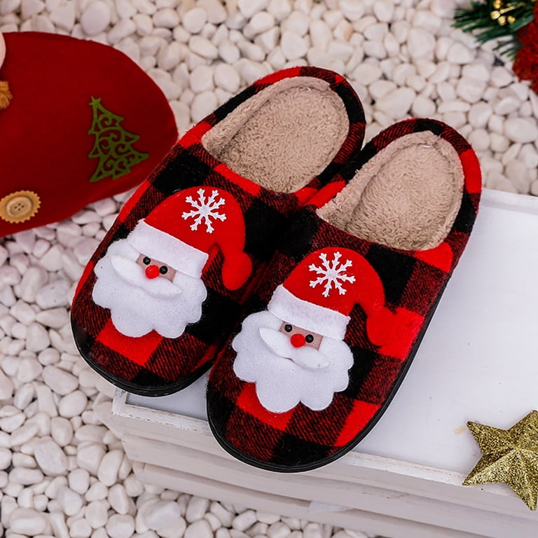 Christmas Slippers for Men Cute Cartoon Santa Reindeer Checkered