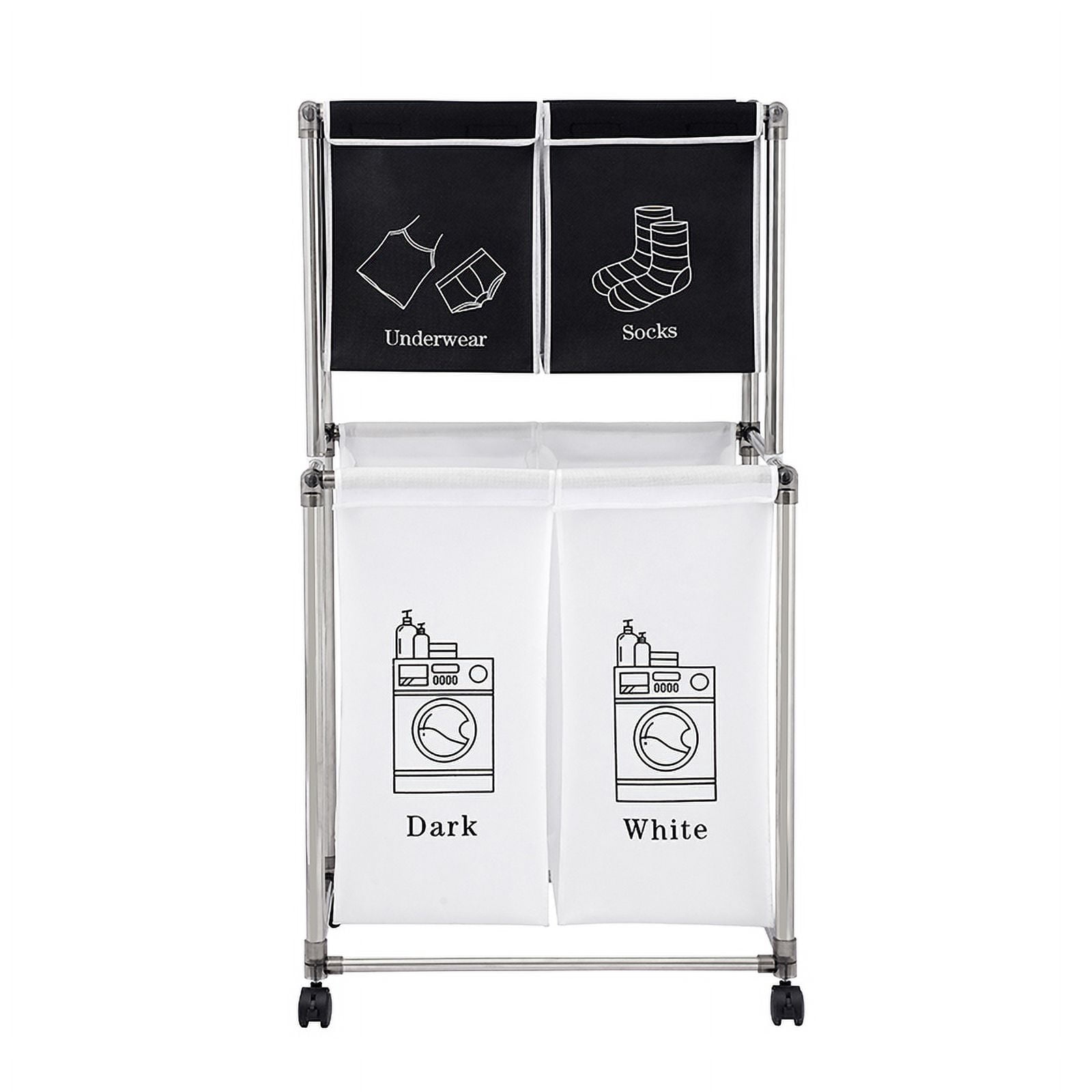 2 Tier Laundry Basket Sorter with 4 Removable Bags and Wheels, Double Layer Frame, Fabric Organizer for Lights Darks, Black White