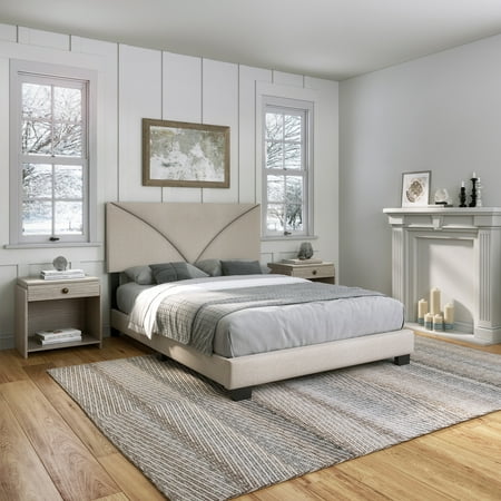 Boyd Sleep Cornerstone Off White Linen Queen Size Upholstered Platform Bed Frame with Adjustable Headboard