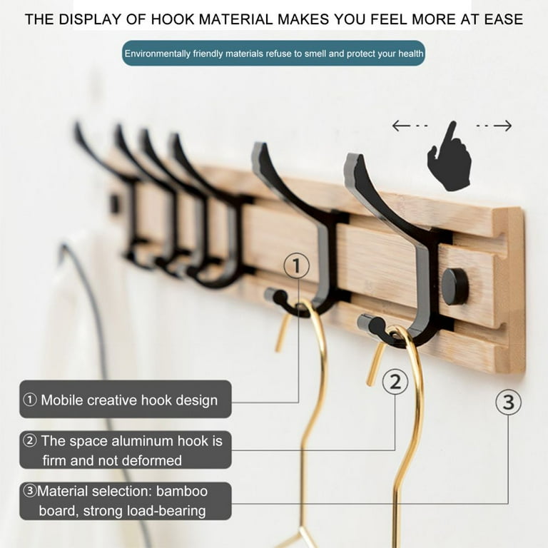 Coat Rack Wall Mount With Movable 5 Metal Hooks Wooden Coat Rack Farmhouse Coat Hangers for Coat Hat Towel Purse Robes Mudroom Bathroom Entryway