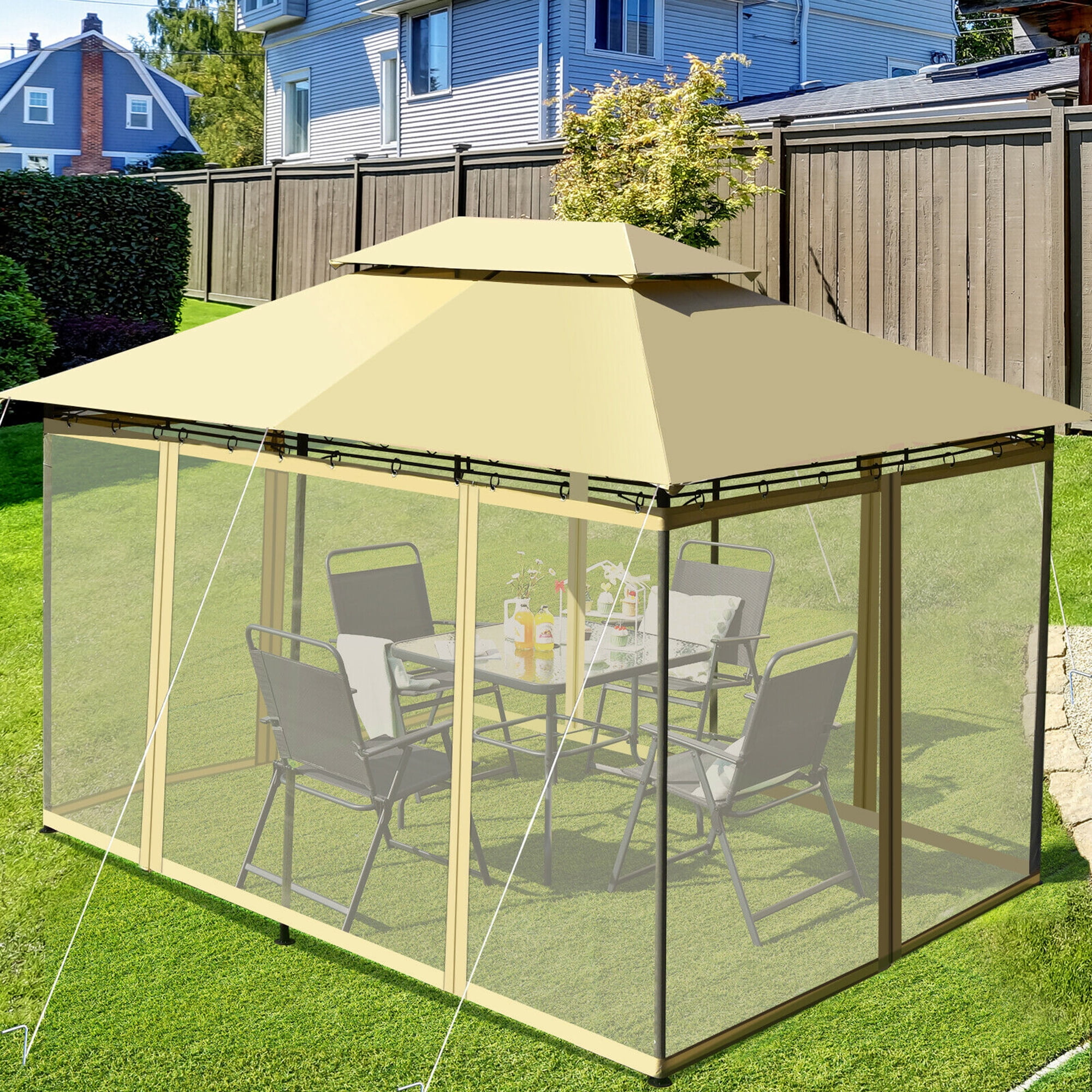 Gymax 2-Tier 10'x13' Steel Gazebo Canopy Tent Shelter Patio Garden Outdoor Netting Beige