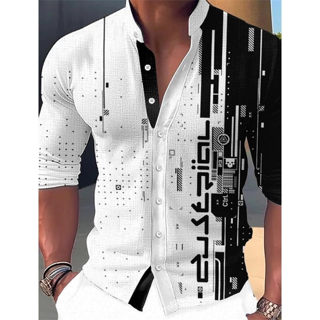 Camisa de manga larga para hombre, estampado gráfico, geométrico, cuello alto, para exteriores, calle, manga larga, estampado, moda, diseño de ropa informal