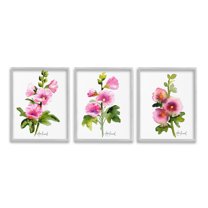 Stupell Industries Pink Flower Watercolors Botanical & Floral Painting Gray Framed Art Print Wall Art, 16 x 20, Set of 3
